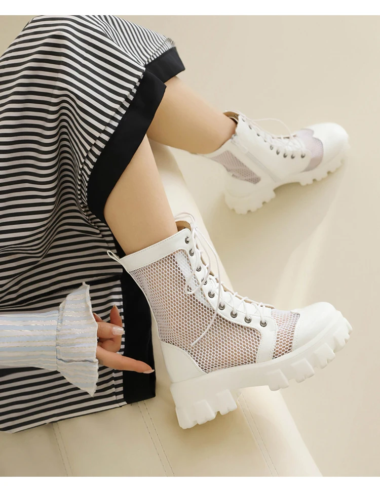 Mesh Panel Lacquer Leather Cutout Breathable Short Boots Flat Heel Thick Sole Lace Up Mesh Boots Zipper Elevated Shoes