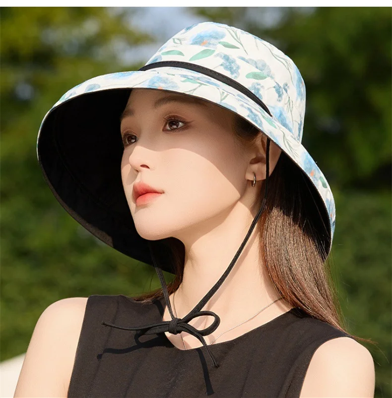 Spring Summer Double-sided Wear Printed Large-brimmed Fisherman's Hat Women Outdoor Face Shade UV Sunscreen Hat Sun UPF50+