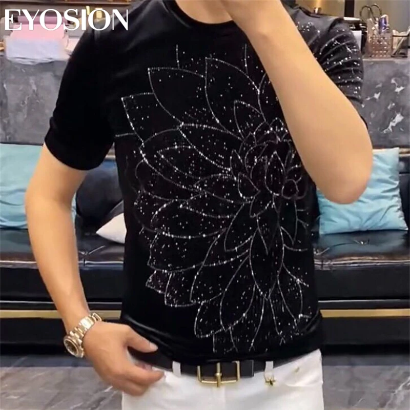 

Summer Design Mens T-shirts Brilliant Rhinestone High Quality Mercerized Cotton Short Sleeves Tops Slim Fit Round Neck Tee