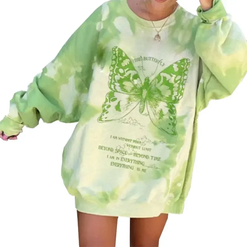 Butterfly Print Tie-dye Long-sleeved Autumn Ladies Pullover Green Hoodie Casual Loose Pullover Top Women's Sweatshirt Plus Size