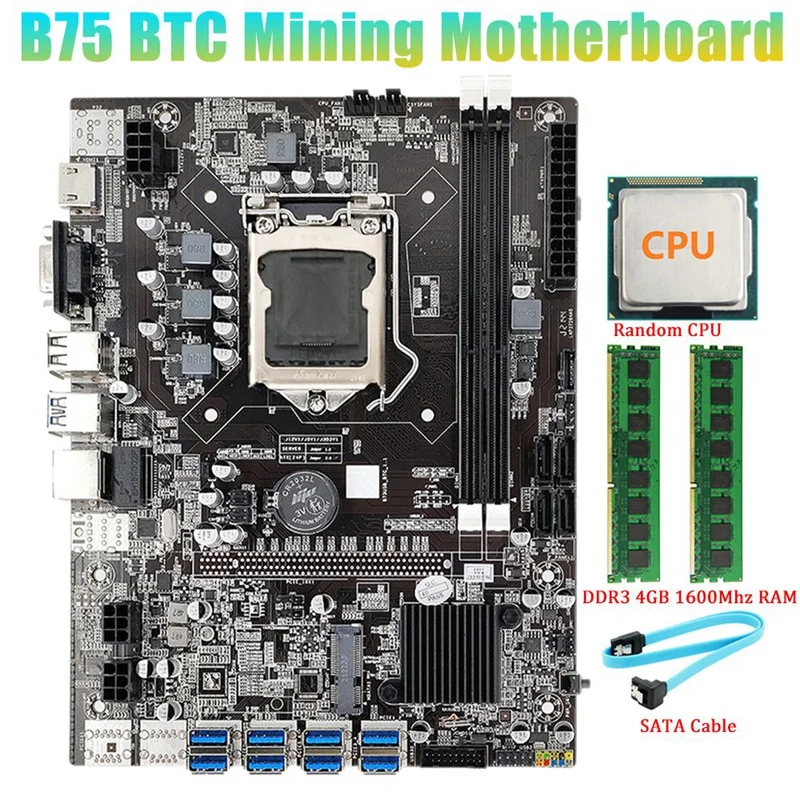 the motherboard B75 BTC Mining Motherboard+Random CPU+2XDDR3 4GB 1600Mhz RAM+ATA Cable LGA1155 8XPCIE To USB B75 ETH Miner Motherboard gaming pc motherboard