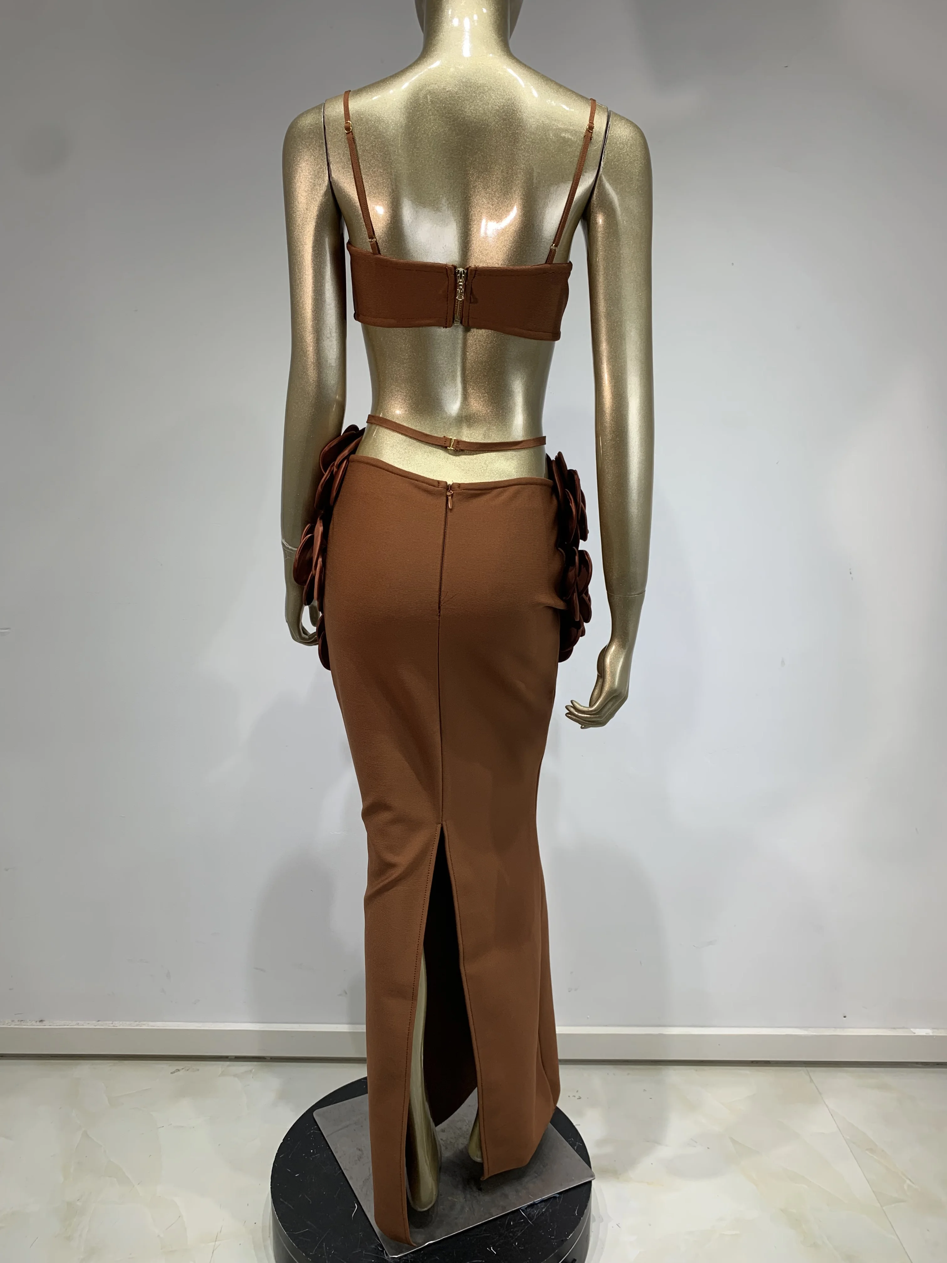 Women Celebrity Sexy Backless Halter Flower Brown Maxi Long Bandage Skirt Set 2025 Knitted Elegant Evening Club Party Clothing 3