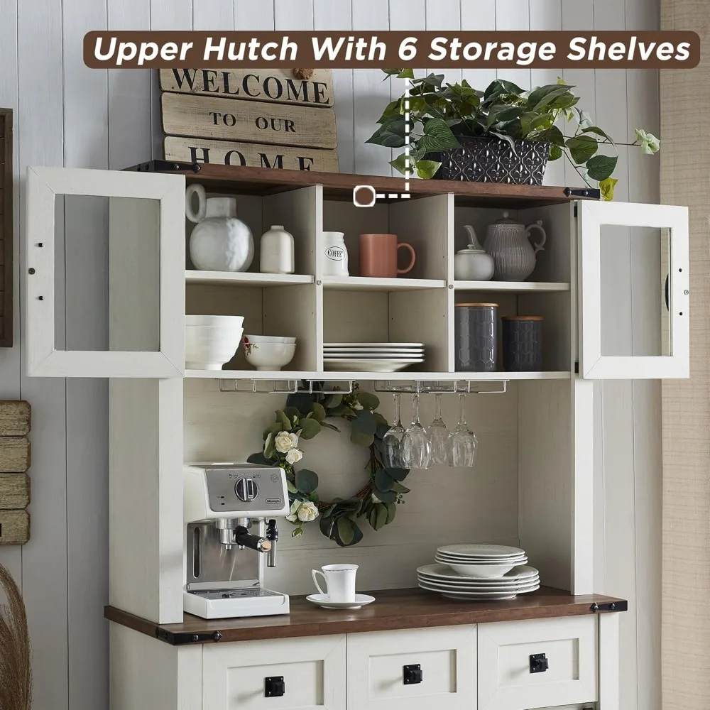 72" Farmhosue Bar Cabinet with Sliding Barn Door, Large Kitchen Buffet with Hutch W/Wine & Glasses Rack, 3 Drawers