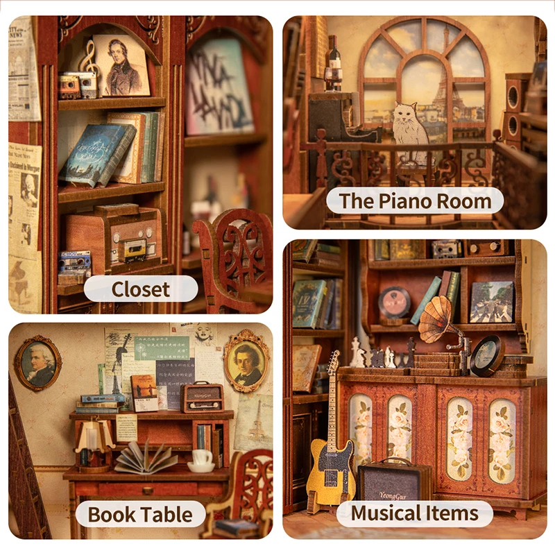 CUTEBEE DIY Book Nook Miniature Dollhouse Booknook with Touch Light Dust Cover Bookshelf Insert for Decor Gifts Secret Rhythm 5