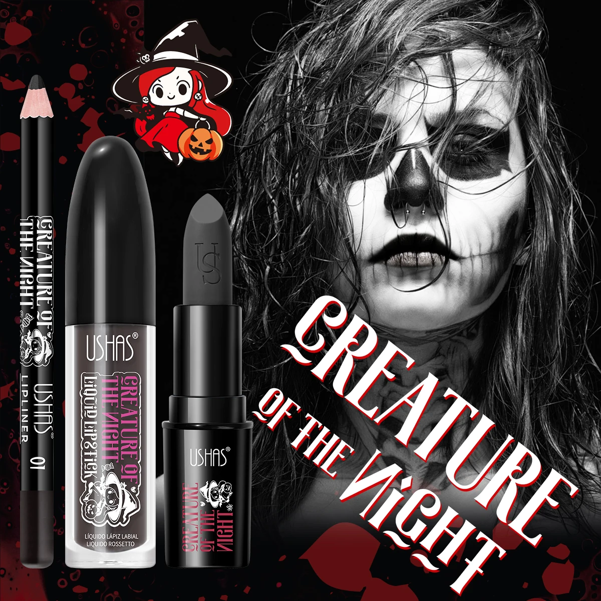 USHAS Halloween Lip Liner + Lipstick Set Black Moisturizing Long Lasting Lip Glaze Purple Brown 3 In 1 Liquid Lipstick Set