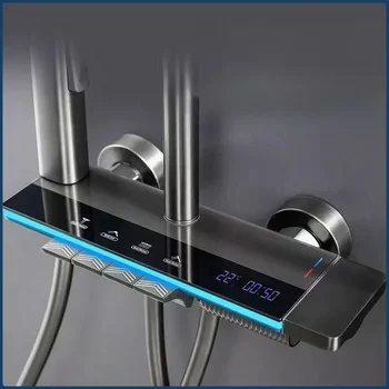 ระบบฝักบัวทองเหลืองสีเทาพร้อมแสงโดยรอบ ชุดก๊อกน้ำฝักบัวห้องน้ำดิจิตอลอัจฉริยะ ชุดฝักบัวเรนชาวเวอร์แสดงอุณหภูมิ 2