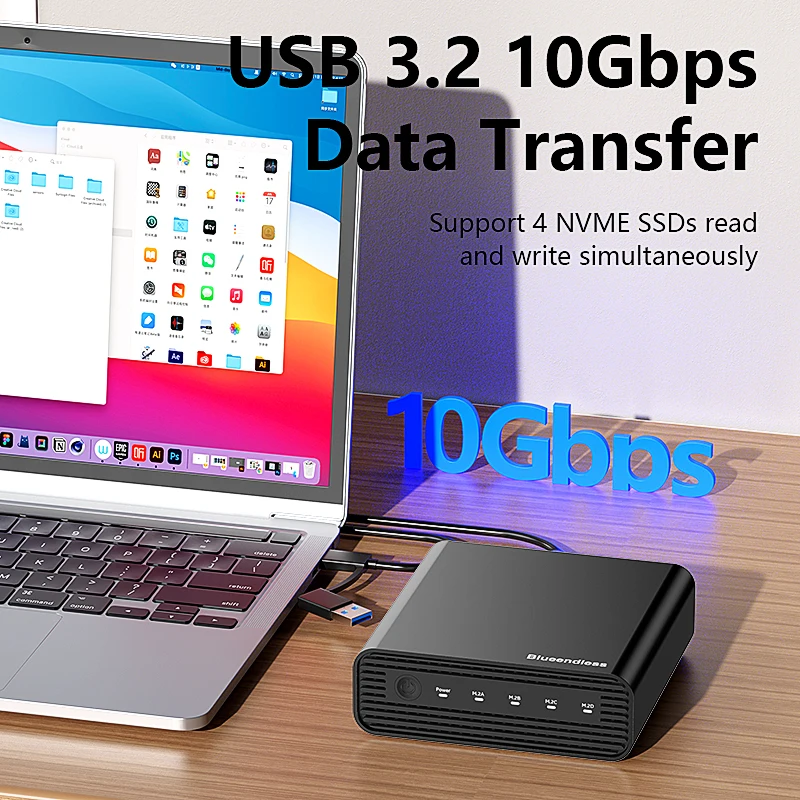 블루엔들리스 알루미늄 M2 4베이 외장 PCIe NVME SSD 인클로저 USB C 3.2 Gen2 10Gbps NVME 어댑터 SSD 케이스 (냉각팬 포함)