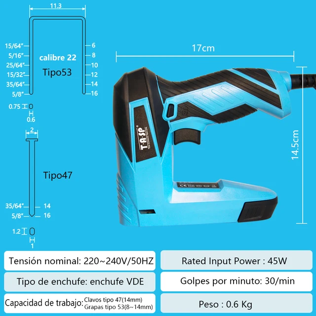 TASP-grapadora eléctrica de 230V válida para grapas y clavos(para grapas  tipo 53, clavos tipo 47, nariz de seguridad, incluye 800 grapas/200 clavos)