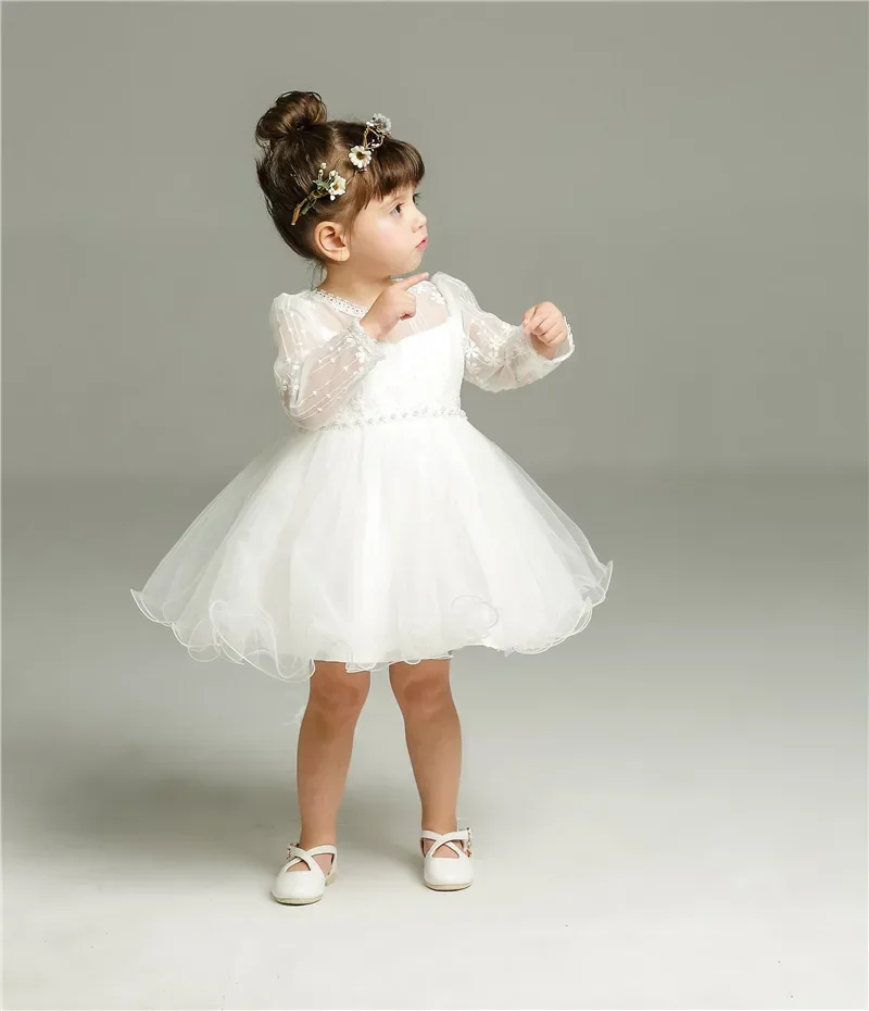 

3,6,12,18,24 Months Long Sleeve Baby Girl Dress Infant Toddler Birthday Party Dress Little Girls White Wedding Dress Baptism