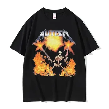 Autism Skeleton Meme T Shirt Human Funny Skull Men's Women Harajuku Gothic Vintage T Shirts Summer Cotton T-shirt Streetwear 1