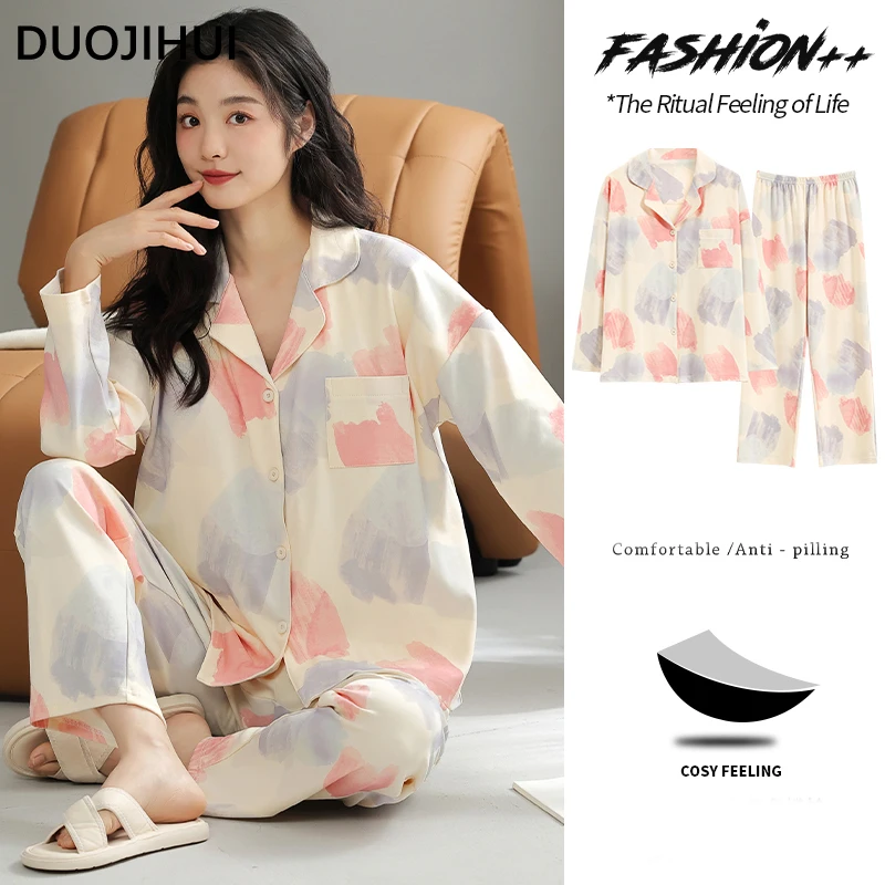 duojihui two piece classic o neck simple pullovers female pajamas sets basic simple pant fashion casual home pajamas for women DUOJIHUI Autumn New with Chest Pad Female Pajamas Set Button Cardigan Loose Simple Pant Fashion Contrast Color Pajamas for Women