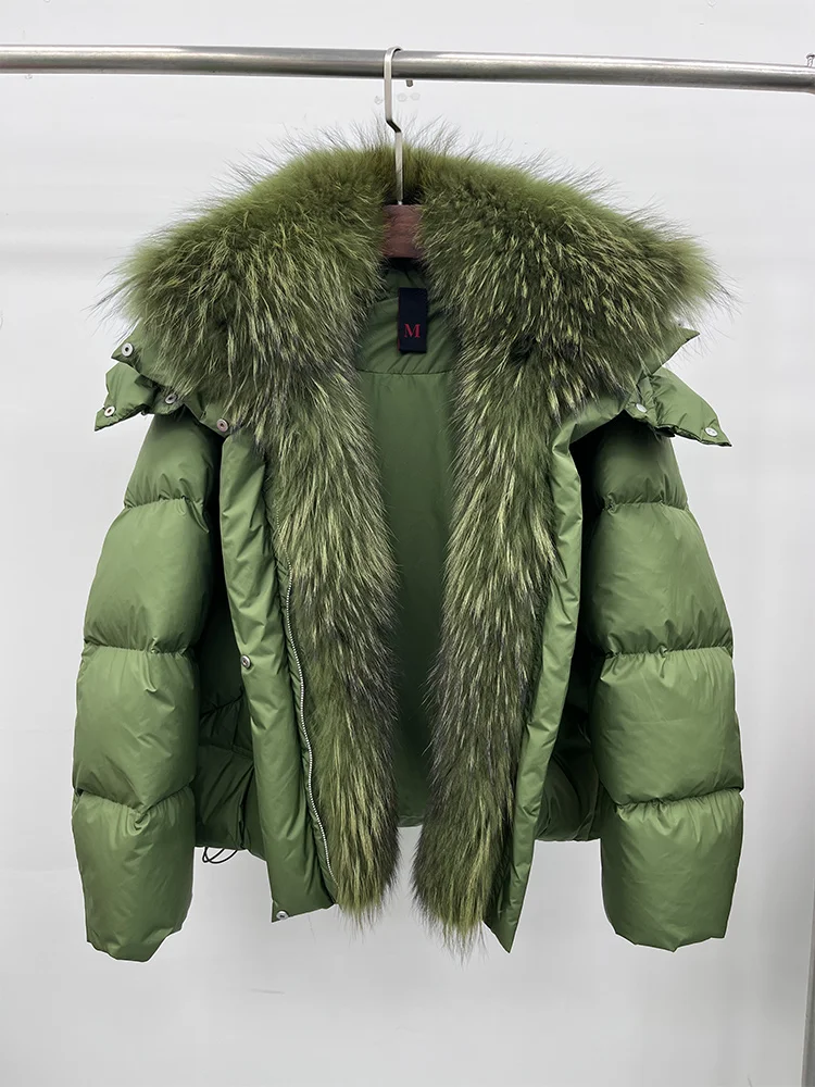 Nouvelle mode hiver femmes doudoune d'oie réel renard raton laveur col de fourrure veste manches détachables épais chaud luxe femme manteau