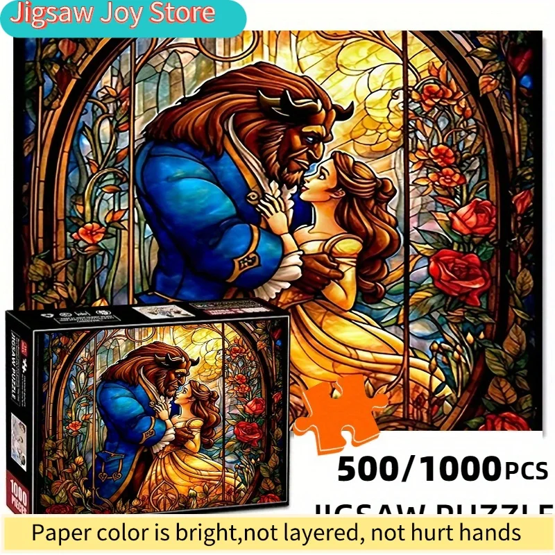 Romantic Beast and Beauty Stained Glass Window Puzzle - Durable White Card Design, Colorful Rectangular Jigsaw for Adult & Fam