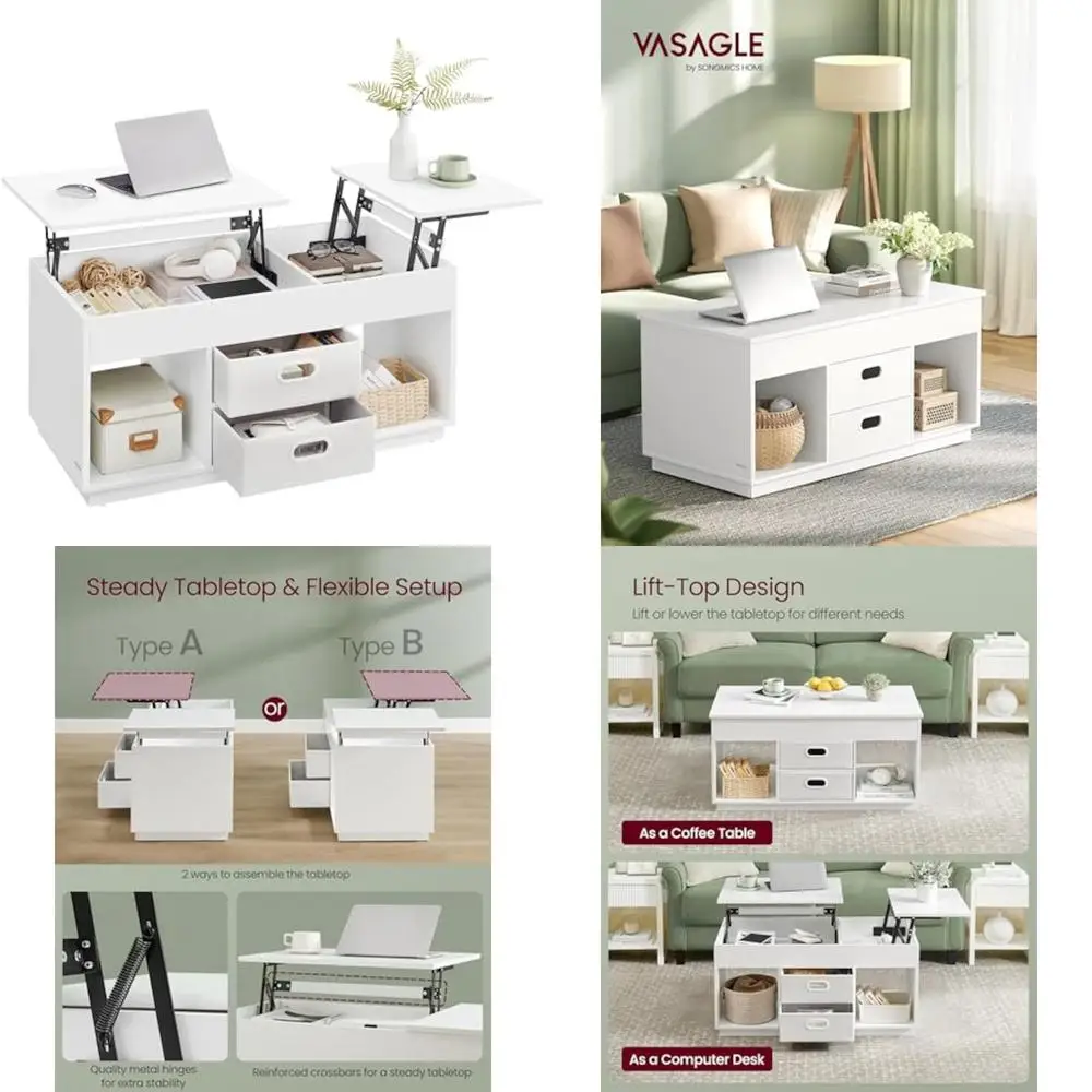 Lift Top Coffee Table with Drawers and Hidden Storage, Center Table for Tabletop Use