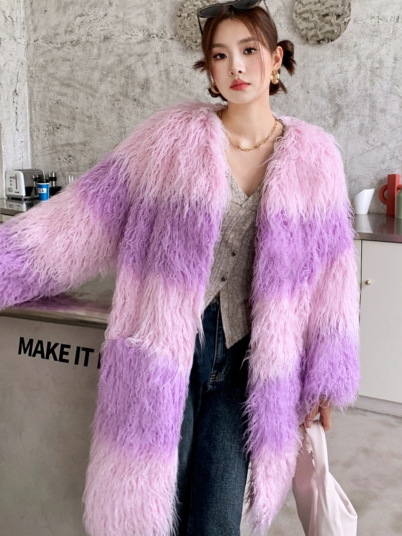 Pink Purple Faux Fur Coat 2023 Winter High-End V-neck Stitching Contrast Color Mongolia Sheep Fur Jacket Mid-Length Warm Clothes