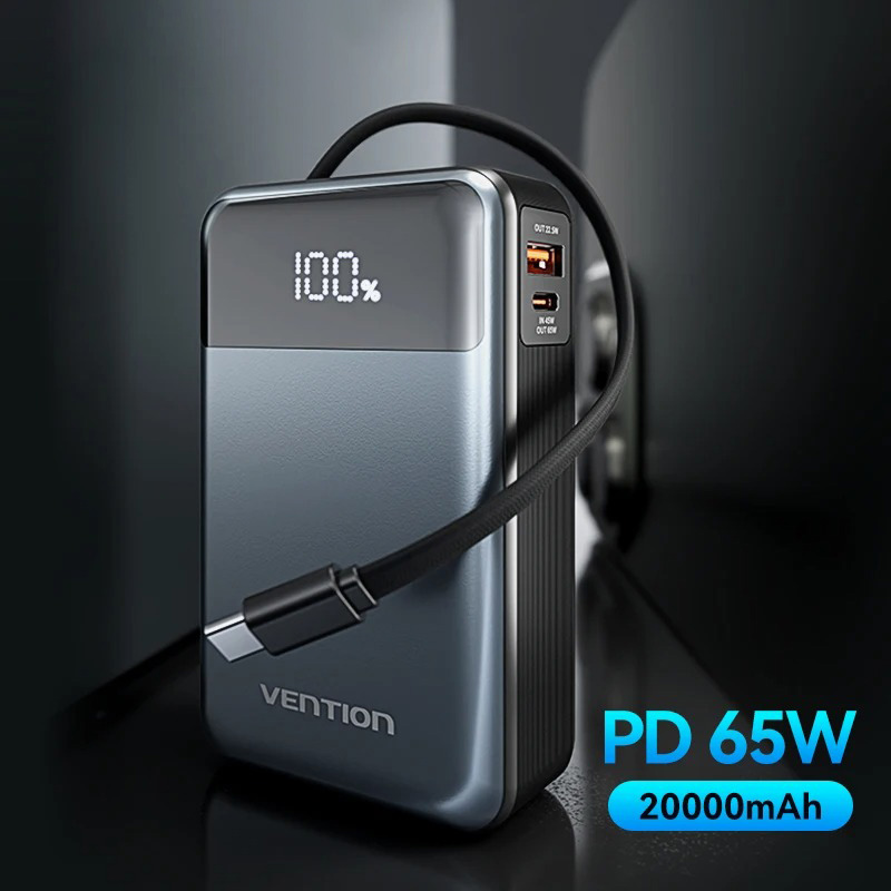 Power Bank 20000mAh 65W PD Fast Charger with Built-in USB Type-C Cable Portable Power Bank for Laptop iPhone 16 15 14 13 Pro Max
