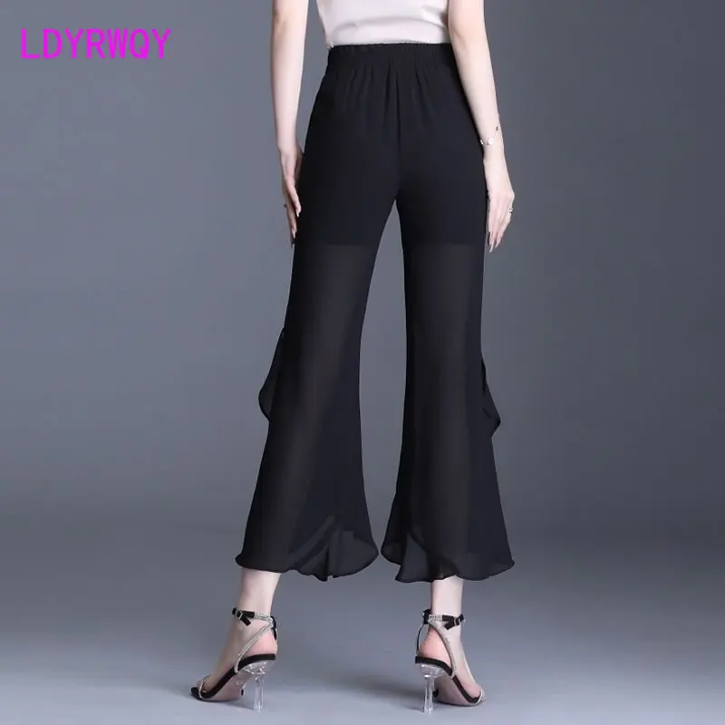 Chiffon summer wide-leg pants women's summer thin drape small short pants fishtail micro-trumpet pants.