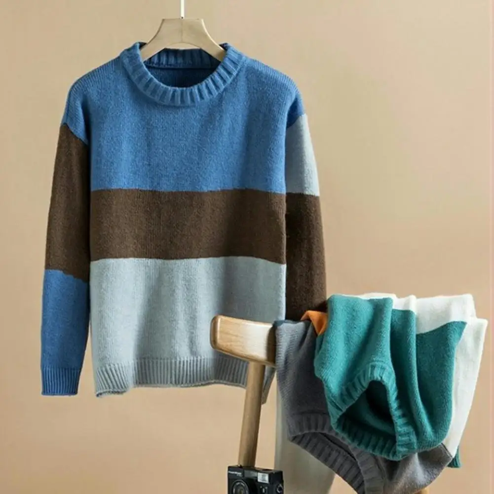 Round Neck Sweater Men's Colorblock Knitted Sweater with Round Neck Long Sleeve Thick Warm Elastic Pullover for Fall Winter Mid crew neck pullover sweater cozy cat print sweater for men thick knitted warm pullover with round neck unisex mid for winter