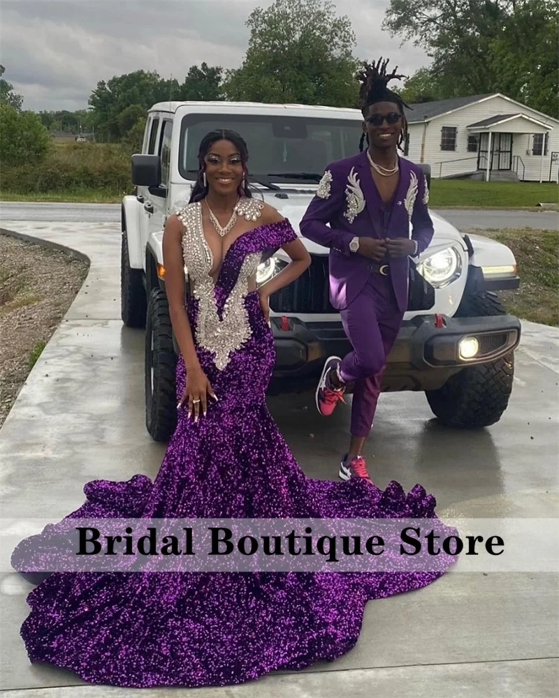 

Sparkly Diamonds Purple Prom Dresses For Black Girls Crystal Beading Rhinestones Birthday Party Dress Wedding Reception Robes