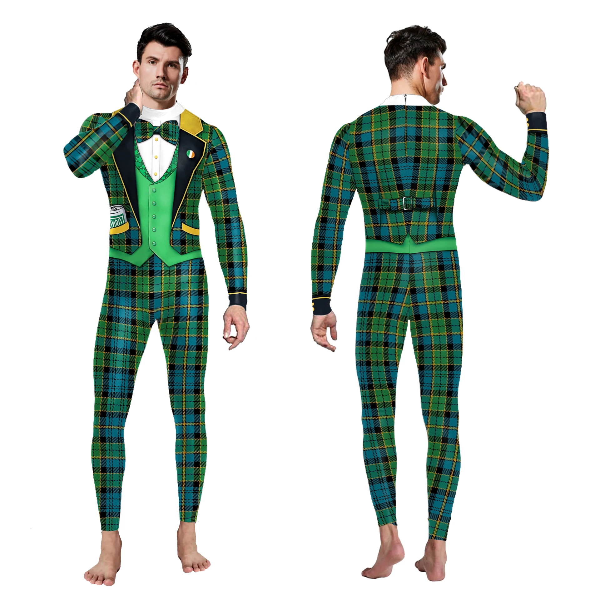 Men Cosplay Bodysuit for Adult Clover Fake Two Printed Holiday Party Sexy Skinny Jumpsuit Wear Onesie Dress up Costume Rompers