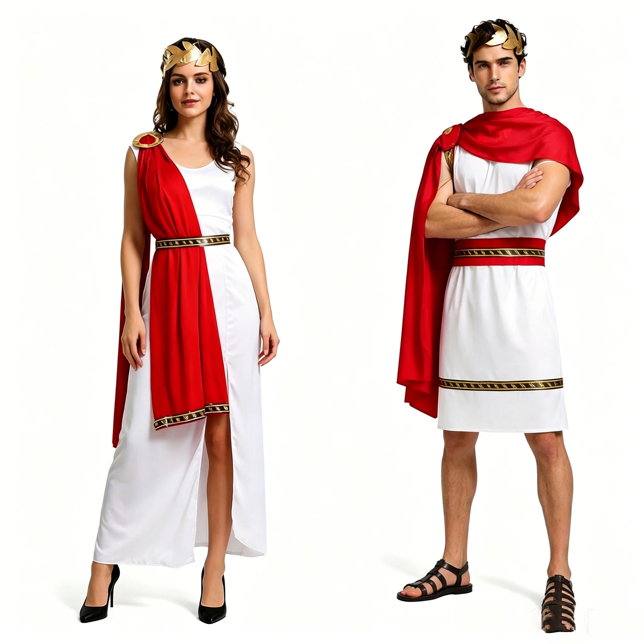 Costume Romano Greco per Adulti, Uomini e Donne, Toga Bianca, Mantello Rosso, Corona d'Alloro Dorata, Set per Halloween e Carnevale - immagine 6