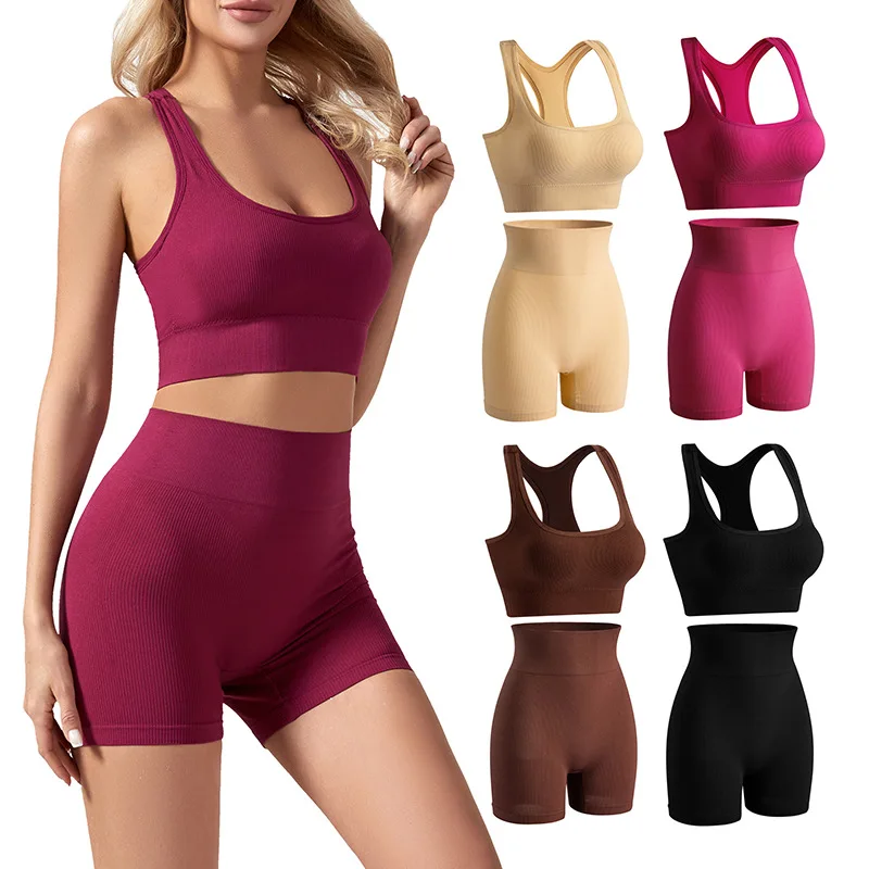 

Womens Yoga Set Workout Clothes for Women Crop Top Sports Bra Ftness Seamless Knitted Abdominal Shorts Sports Running Yoga Suit