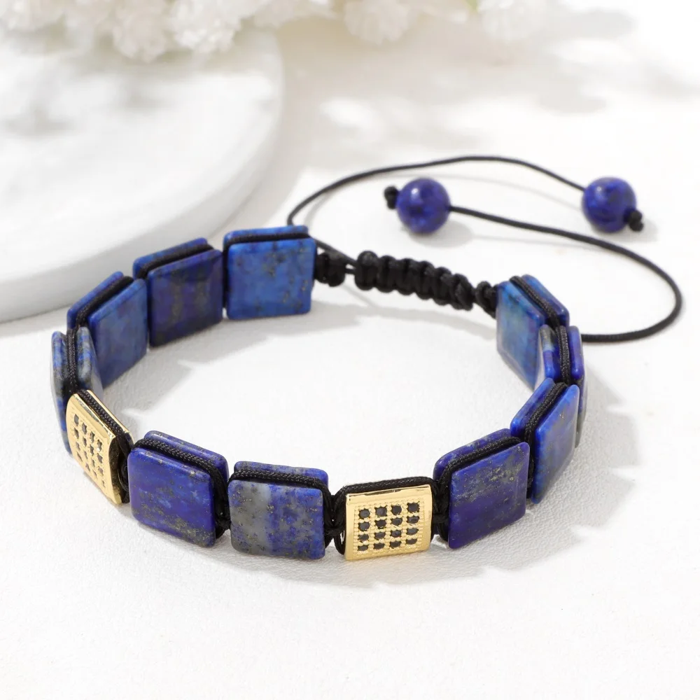 Handgefertigtes Naturstein-Lapislazuli-Armband für Damen und Herren, quadratisch, Tigerauge, Achate, Perlen, Charm-Armbänder, Modeschmuck, Geschenk