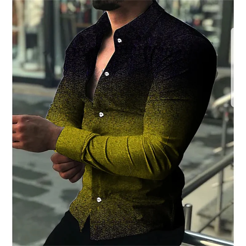Stylish gradient pattern printed long-sleeved shirt 2023 new 3D digital printing men's casual shirt loose style.