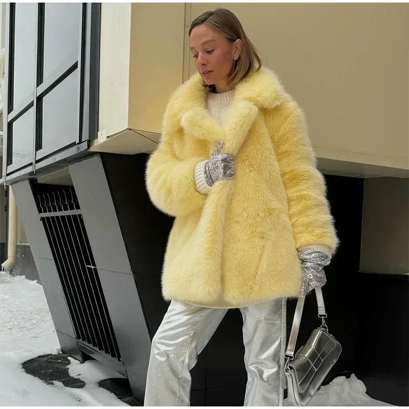 Fashion Faux Fur Jacket Coat Women Warm Fluffy Loose Long Sleeve Lapel Female Overcoat Winter Yellow Lady Street Outwear