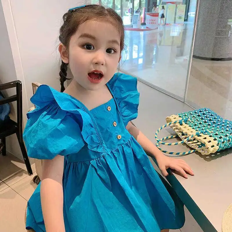 

2022 New Summer Girls Puff Sleeve Blue Dress Lovely Toddler Girls Casual Costume Children Princess Dresses Vestidos