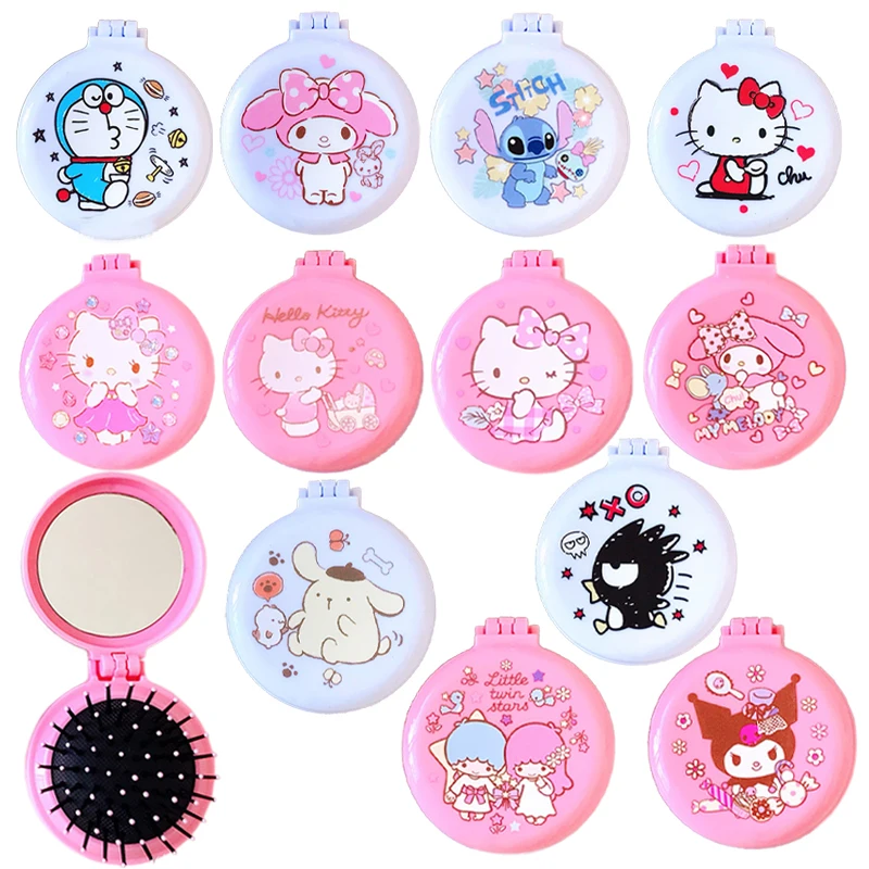 Sanrioed Kawaii Hello KT зеркало для макияжа Kuromi складное двойного использования расческа с
