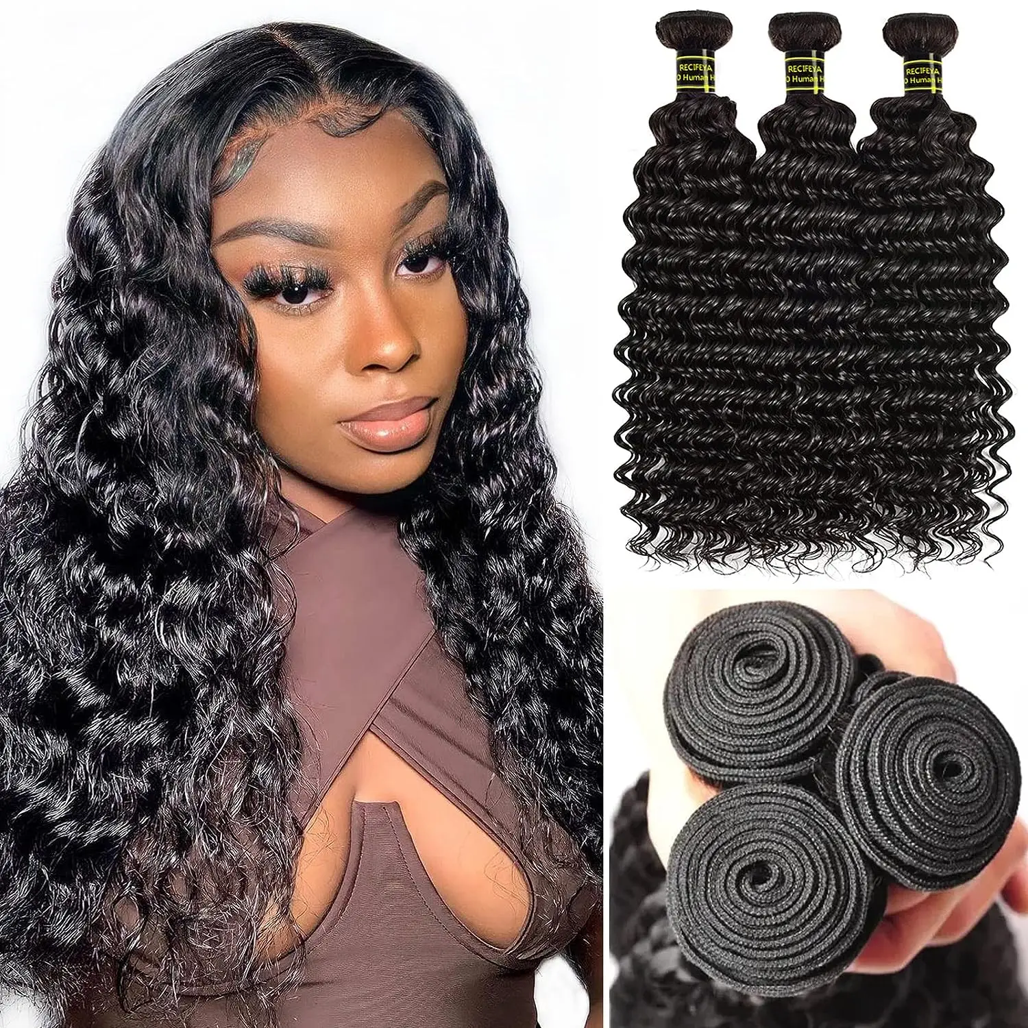 

Water Wave Bundles Brazilian Human Hair Weave 1/3/4PCS Deep Kinky Curly Hair 100g/pc Cheap Virgin Hair Extensions Natural