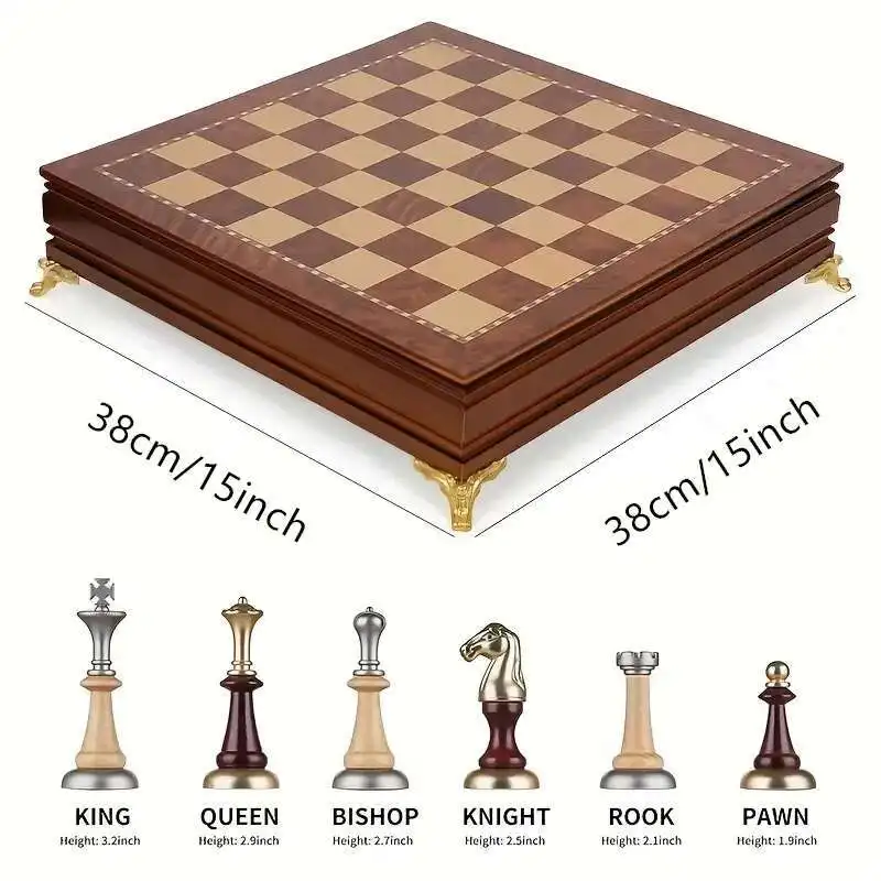 38cm/15inch wooden chess set with storage drawer, large chessboard, and 2 additional queen sized metal and wooden chess pieces