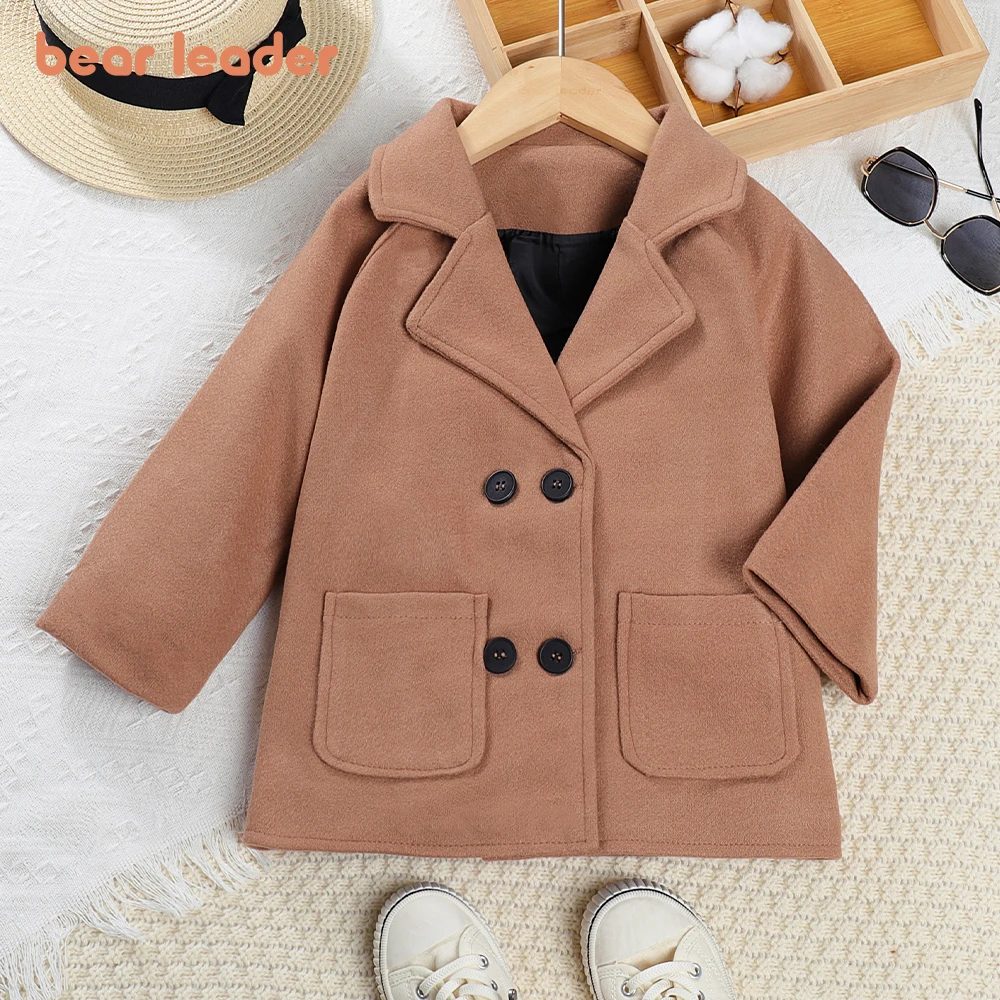 Bear Leader Girls' Woolen Coat Autumn/Winter Children's Suit Collar Woolen Solid Coat Children's Fashion kids coats