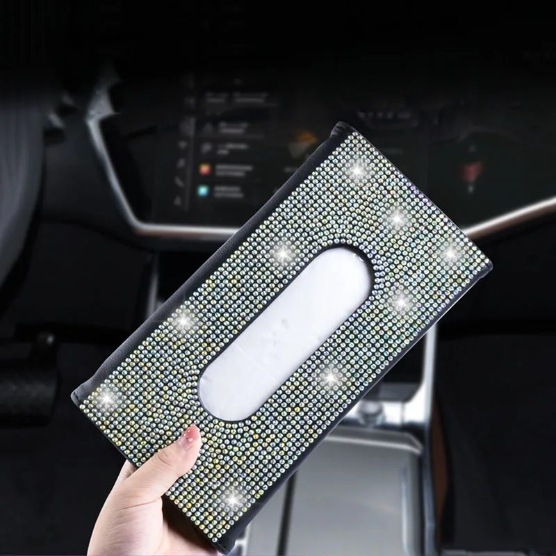 Car Rhinestone Tissue Box Holder Sun Visor Paper Box Auto Interior Storage 1 Pcs
