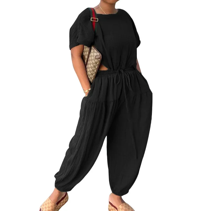 2022 Women Solid Short Sleeve O Neck Jumpsuits Chic Summer Drawstring Loose Overalls Elegant Office Ladies Workwear Jumpsuit