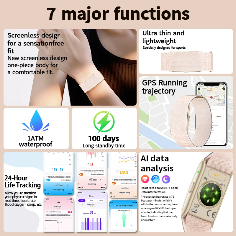 GPS 궤적 HRV 모니터 스포츠 밴드 화면 없는 초경량 만보계 피트니스 트래커 AI 분석 건강 스마트 팔찌 2026