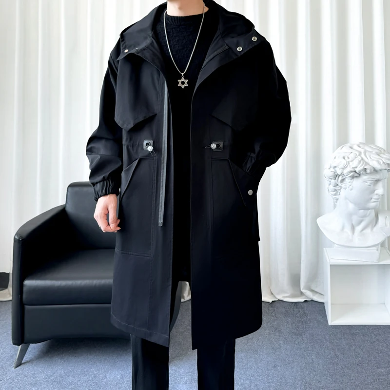 Mens Trench Coats Zippered Streetwear Men's Hooded Jackets Mid Length Big Pockets Oversize Windproof Outwear
