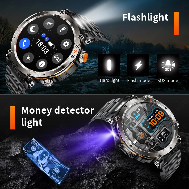 LIGE New Outdoor Flashlight Smart Watch Men 600mAh Smartwatch Bluetooth Call Heart Rate IP68 Waterproof Sports Smartwatches 2026