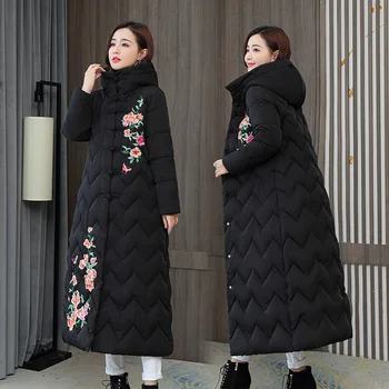 Winter Down Cotton Padded Women Chinese National Style Embroidered Long Outwear Thickened Warm Hooded Parka Coat Female - Image 6