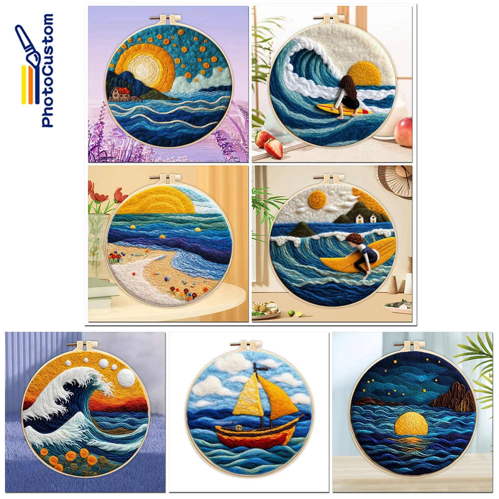 PhotoWool Felt Painting With Embroidery Creative Seascape Painting Handmade DIY Wool Frame Needle Decor New