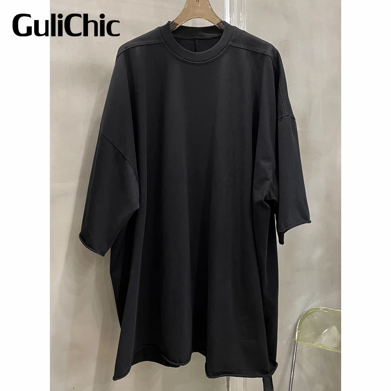 

7.14 GuliChic Women Cotton Loose Midi Tee Casual Solid Color Three Quarter Sleeve T-Shirt