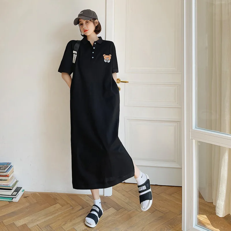 

#6258 Black Short Sleeve Shirt Dress Polo-Neck Loose Preppy Style Midi Dress Short Sleeve Pockets Long Dress Women Streetwear