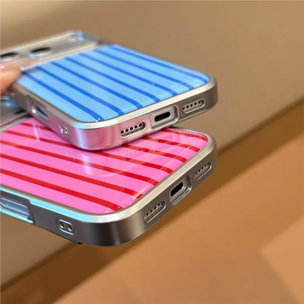 Couple's Striped Pattern Phone Case with Luxury Matte Frame and Glossy Shockproof Protection