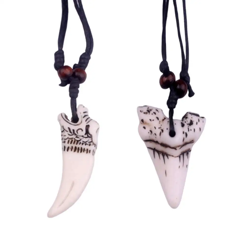 Harong 2pcs Shark Wolf Tooth Necklace Pendant for Men Surfer Creative Retro Jewelry Beaded Rope Chain Resin Tooth Necklaces Gift