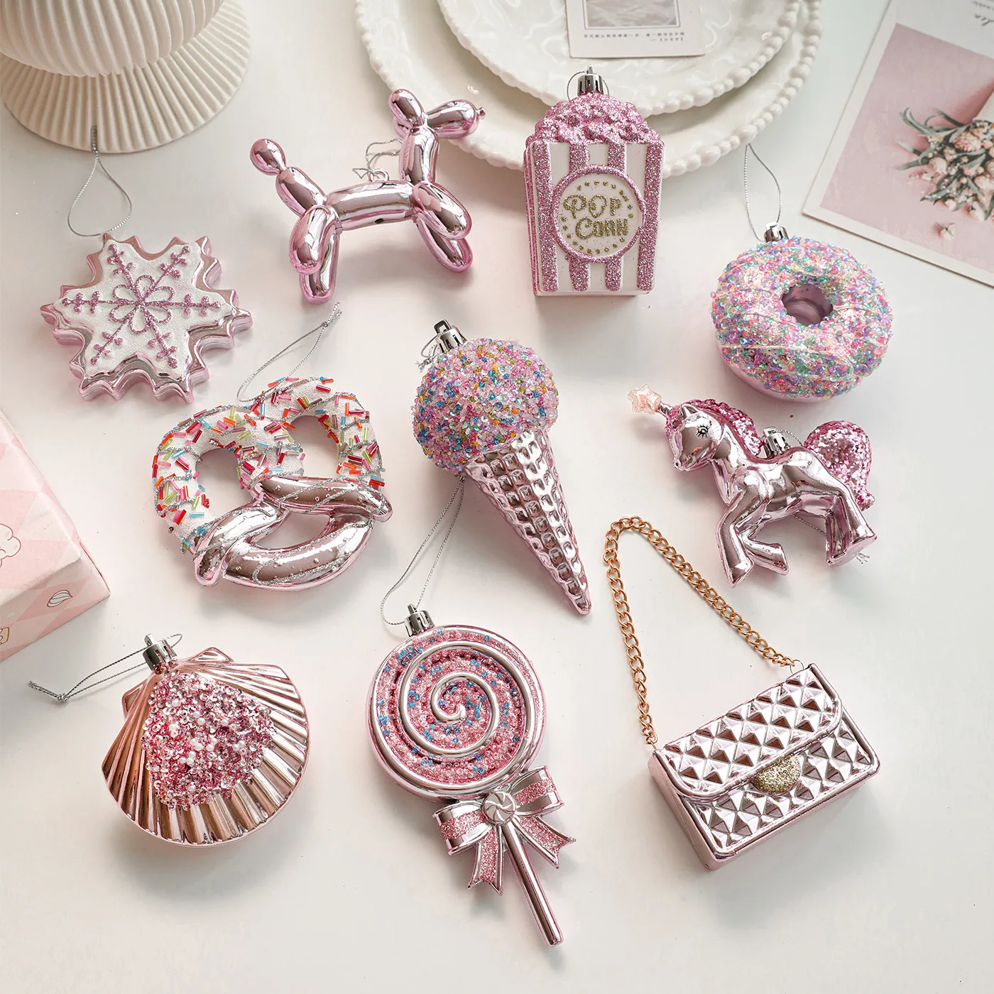 Cute Christmas Ice Cream Pendant Foam DIY Lollipop Pony Ornaments Pink Elegant Christmas Tree Hanging Decoration Party Favors