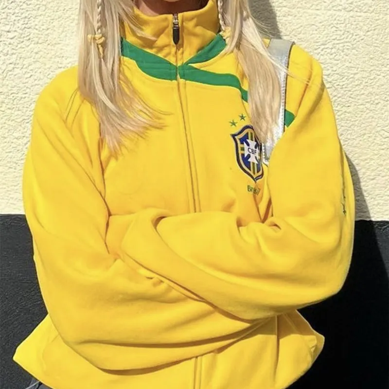 Retro Grunge Gothic Jacket Letter Embroidery Graphic 2000s High Street Y2K Aesthetic Vintage Zip Up New Coat Yellow Sweatshirts