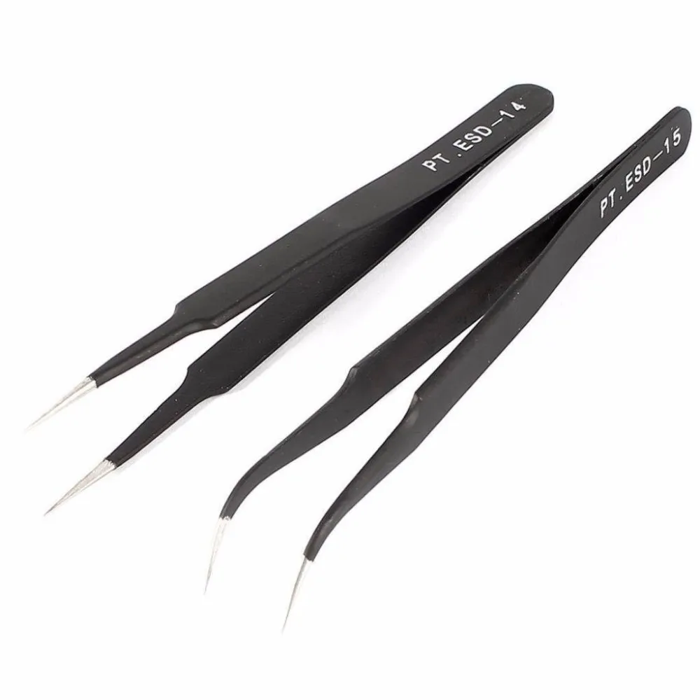 2PCS ESD-14 ESD-15 Anti-static Curved Straight Tip Forceps Precision Soldering Tweezers Set Electronic ESD Tweezers Tool
