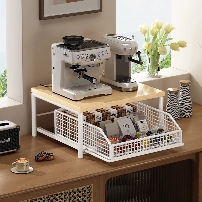 Scaffale Moderno da Scrivania, Organizzatore Salvaspazio in Legno e Metallo per Ufficio, Cestello Estraibile in Rete per Cialde di Caffè, Tè - immagine 3
