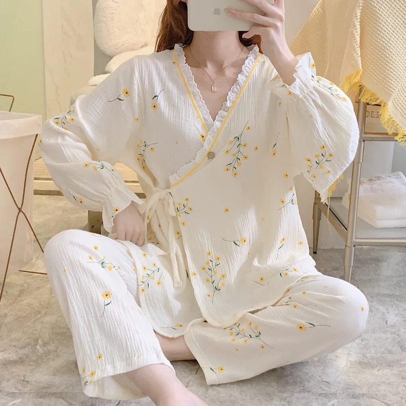 

Пижама-кимоно из тонкого хлопка для кормящих матерей, воздухопроницаемая мягкая домашняя одежда для беременных женщин с милым принтом в послеродовой период, весна-осень